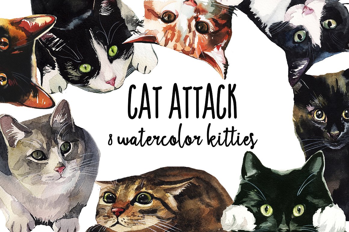 Cat Attack Watercolor PNG Coll