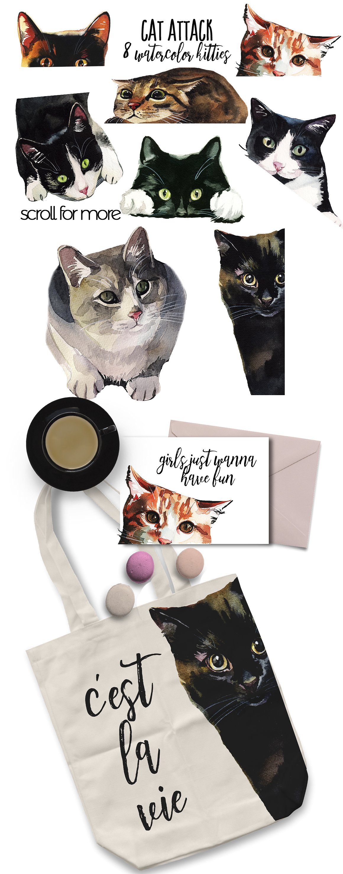 Cat Attack Watercolor PNG Coll