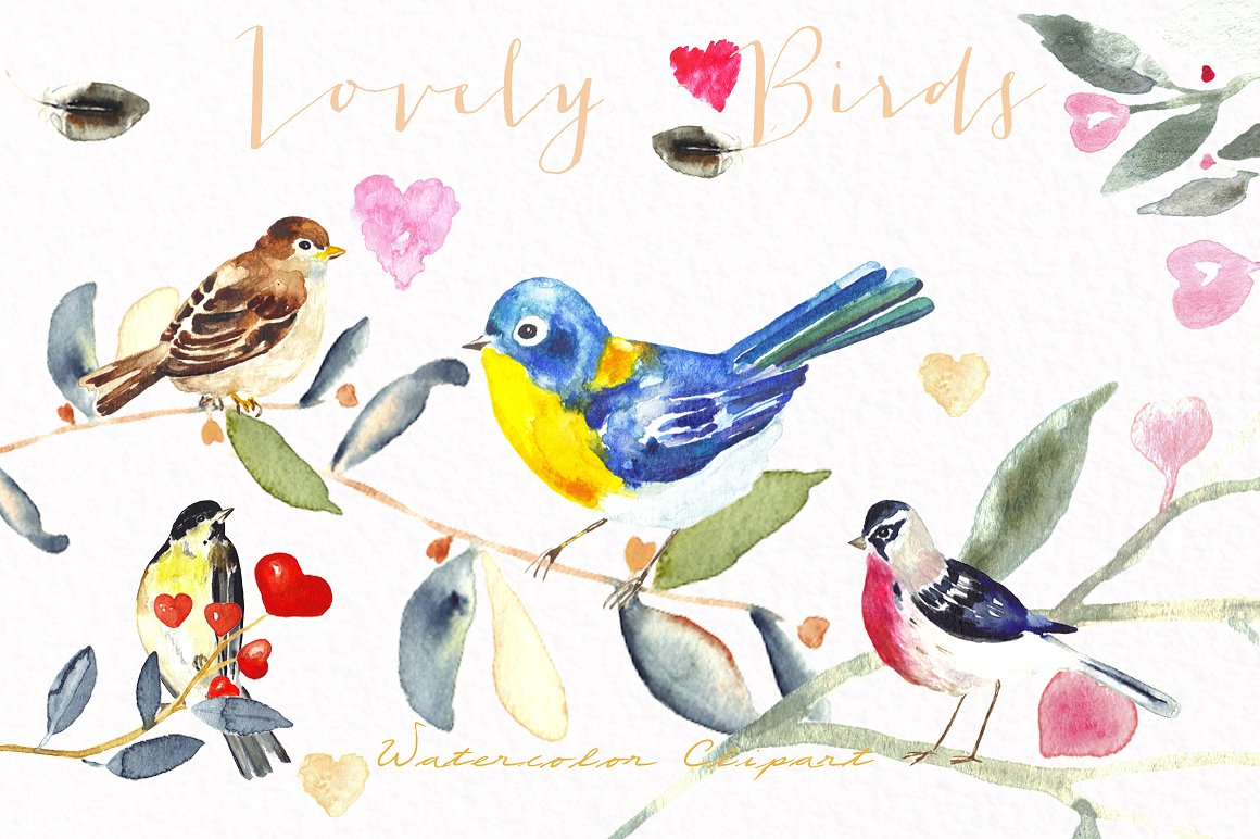 Lovely birds.Watercolor clipar