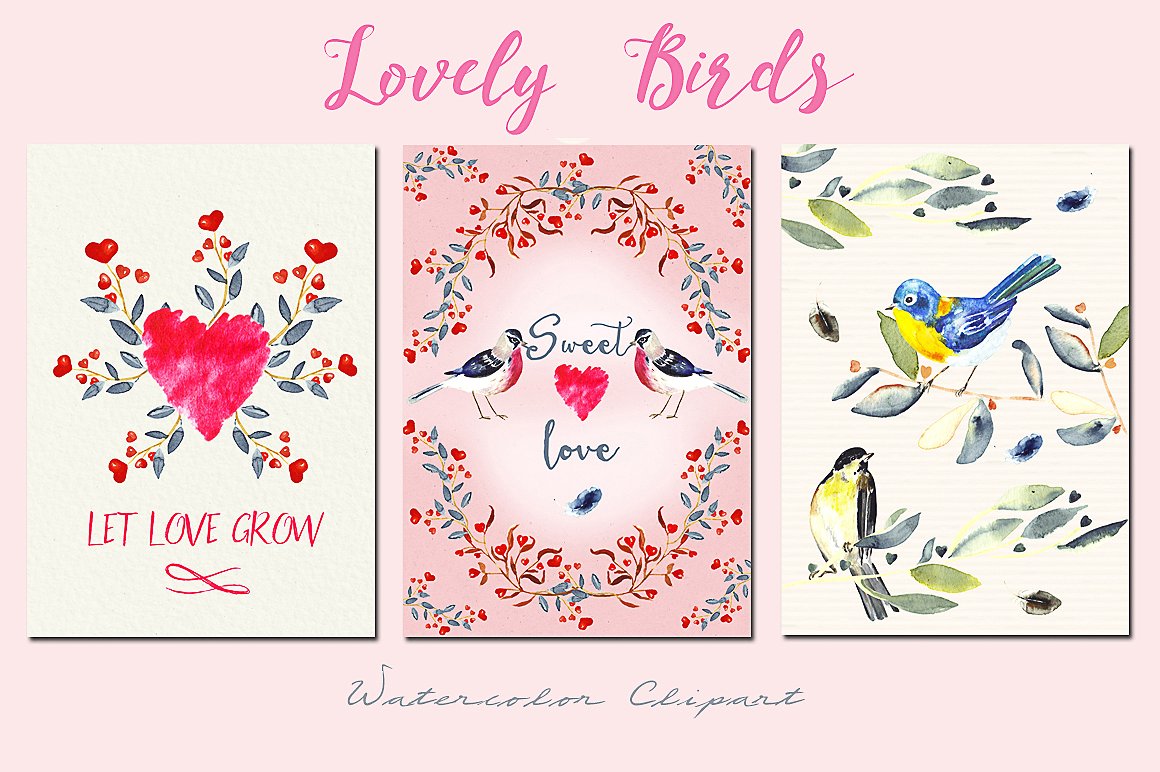 Lovely birds.Watercolor clipar