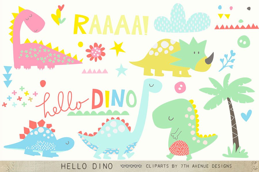 卡通插画无缝背景Hello Dino Collections