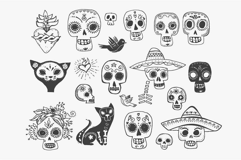 手绘墨西哥元素设计素材Mexico -skull doodl