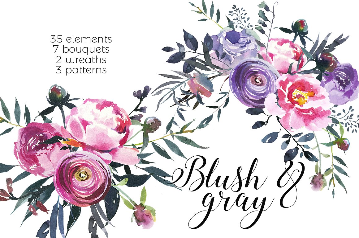 Blush -amp; Gray Watercolor Fl