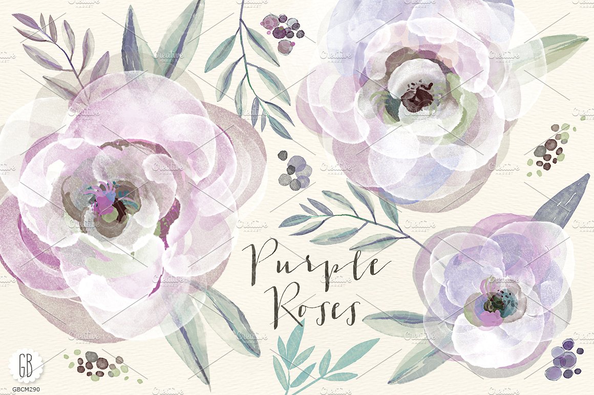 Watercolor purple roses and le