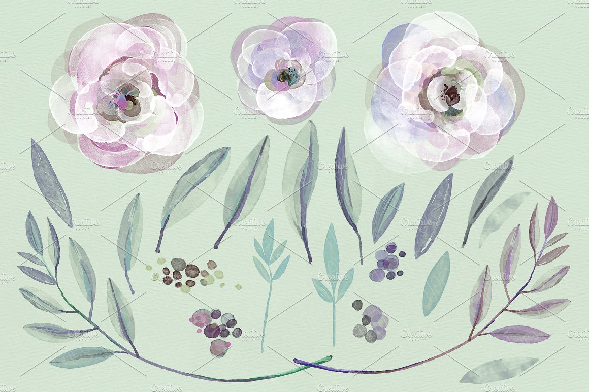 Watercolor purple roses and le