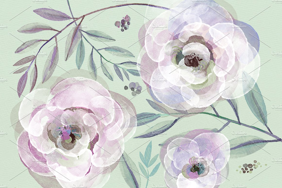 Watercolor purple roses and le