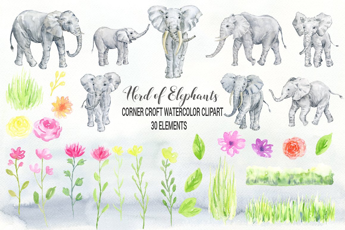 Watercolor Herd of Elephants