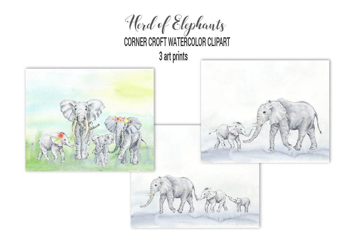 Watercolor Herd of Elephants