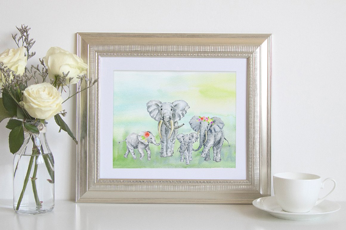 Watercolor Herd of Elephants