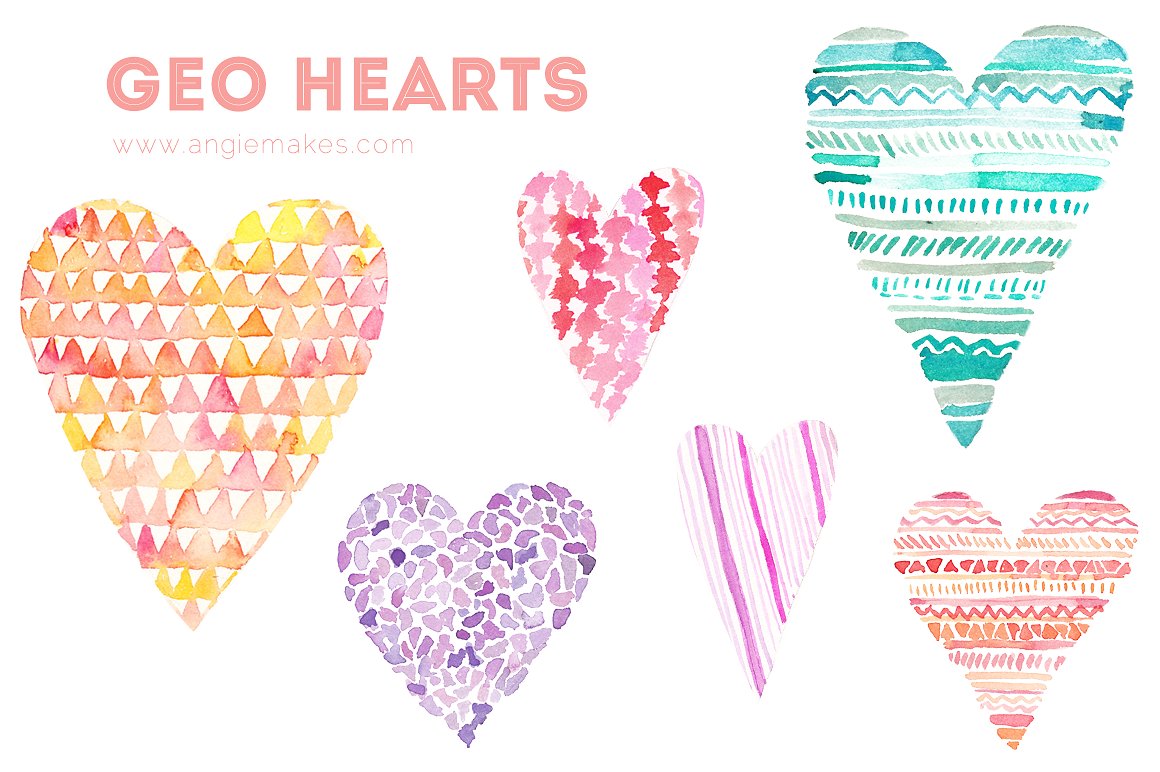 Geometric Hearts Watercolor Cl