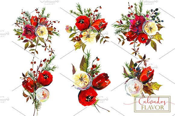 Red Winter Flowers Clipart Set