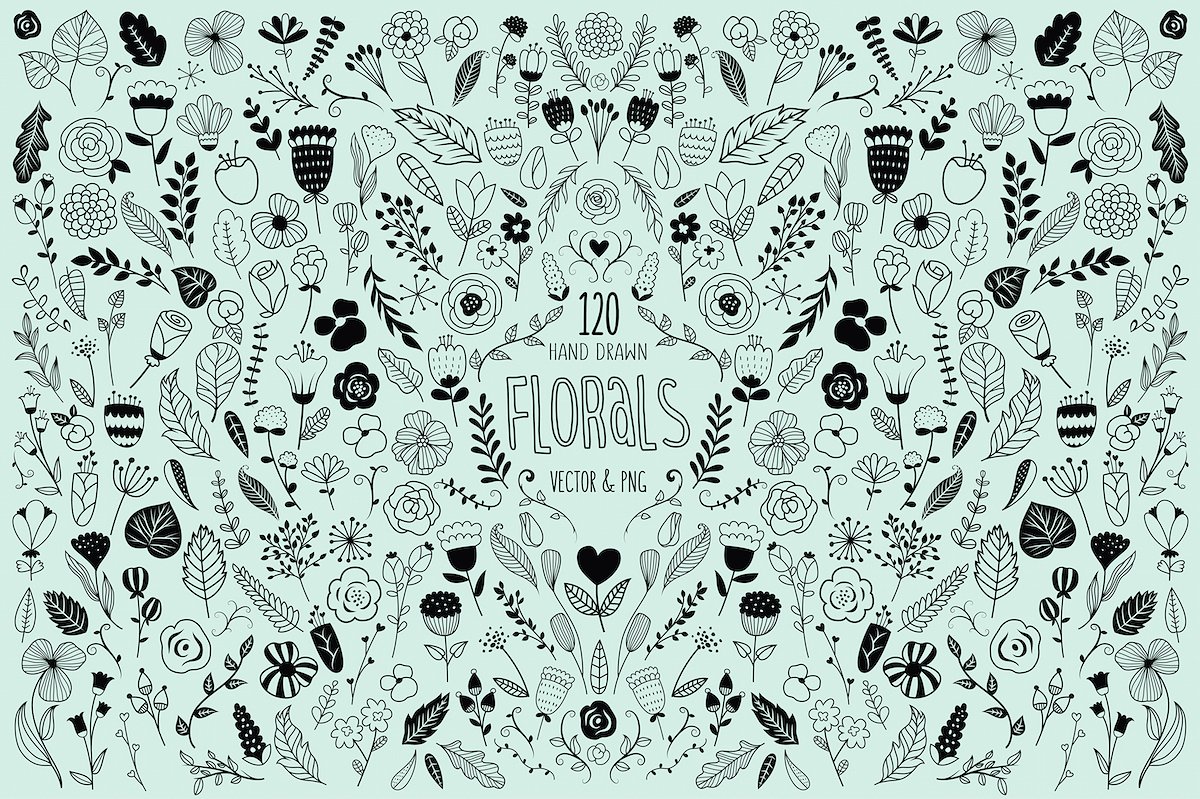 120 Hand Drawn Florals Vector