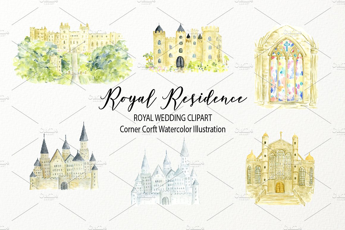 手绘城堡建筑设计素材设计素材Watercolor royal