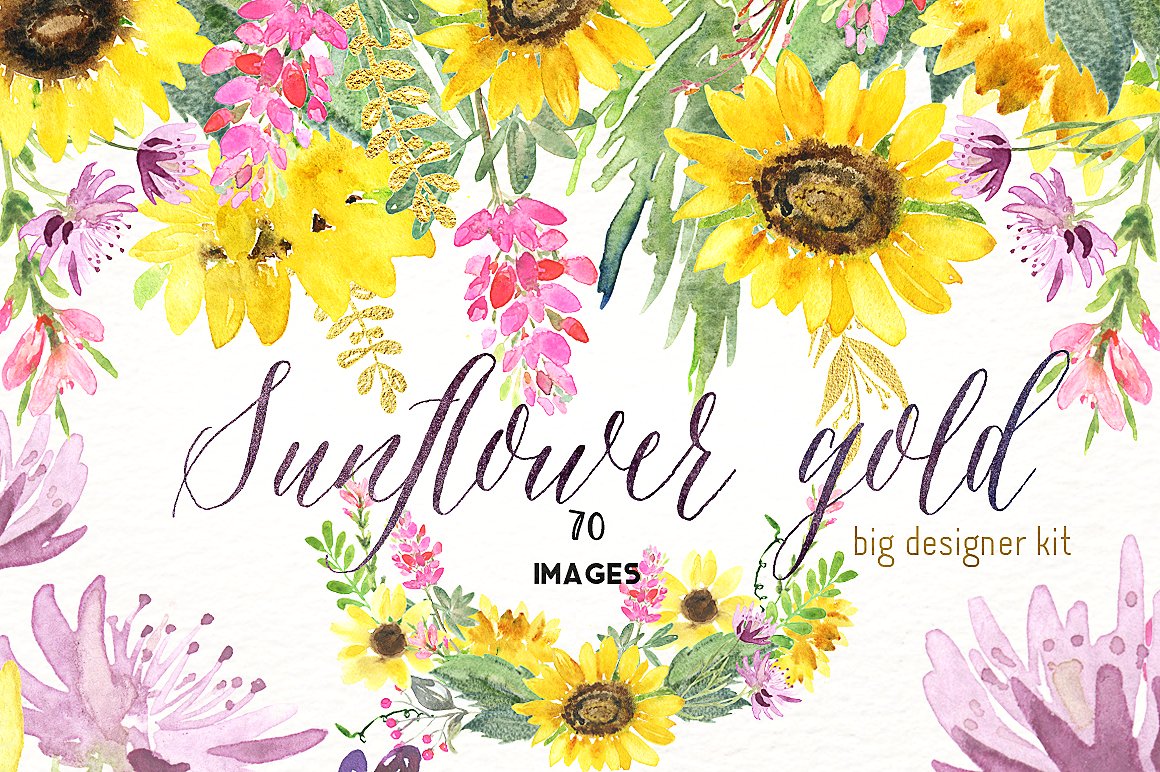 手绘水彩花卉设计素材Sunflowers gold &
