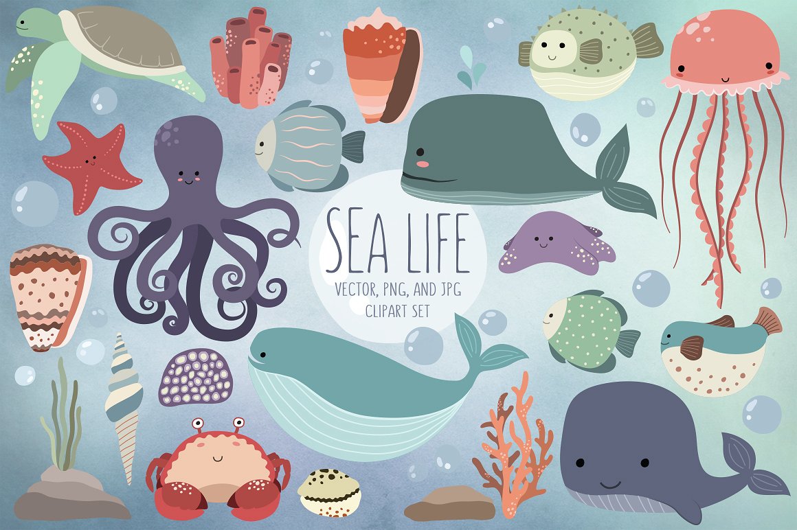 可爱的海洋生物设计元素Cute Sea Life Desig