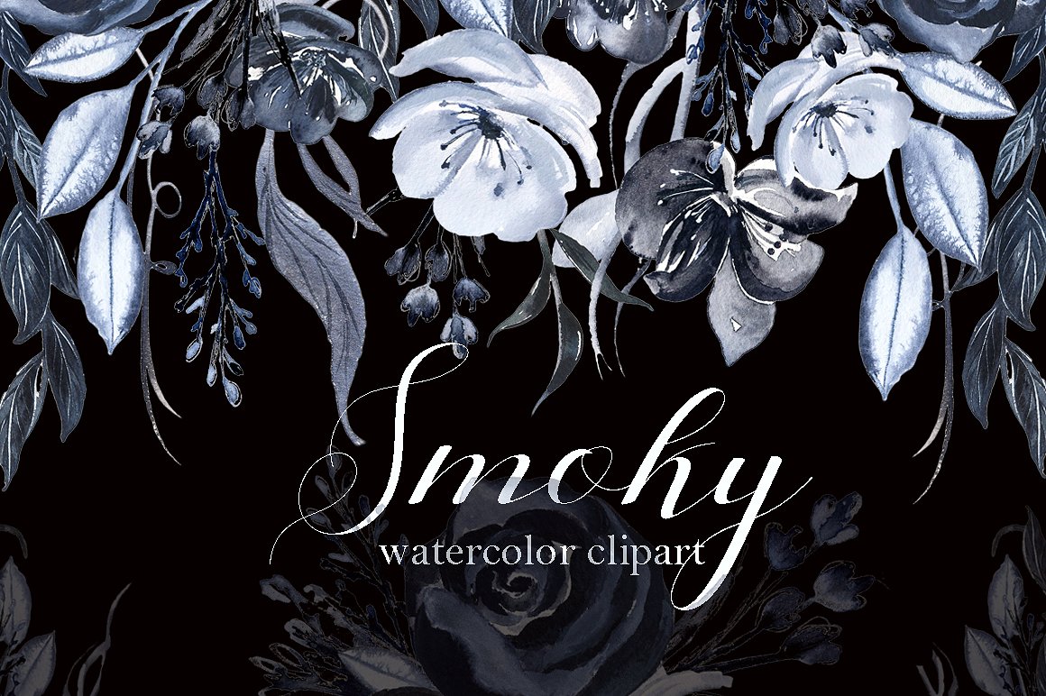 手绘水彩花卉植物设计素材Smoky Black grey w