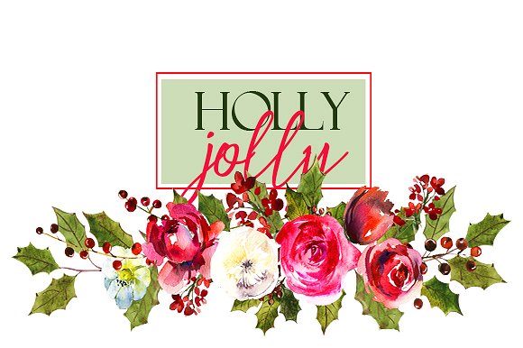 圣诞节手绘风格鲜花花环装饰Holly Steams Chri