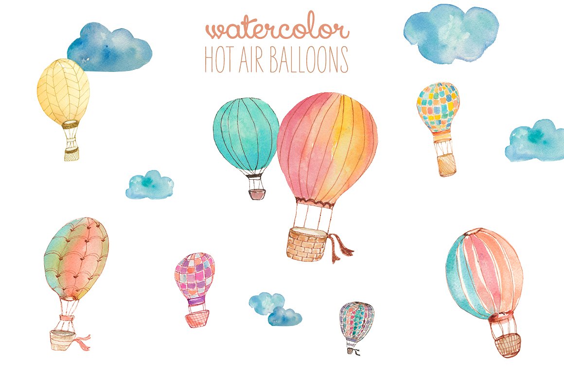 手绘水彩可爱热气球元素Watercolor Hot Air