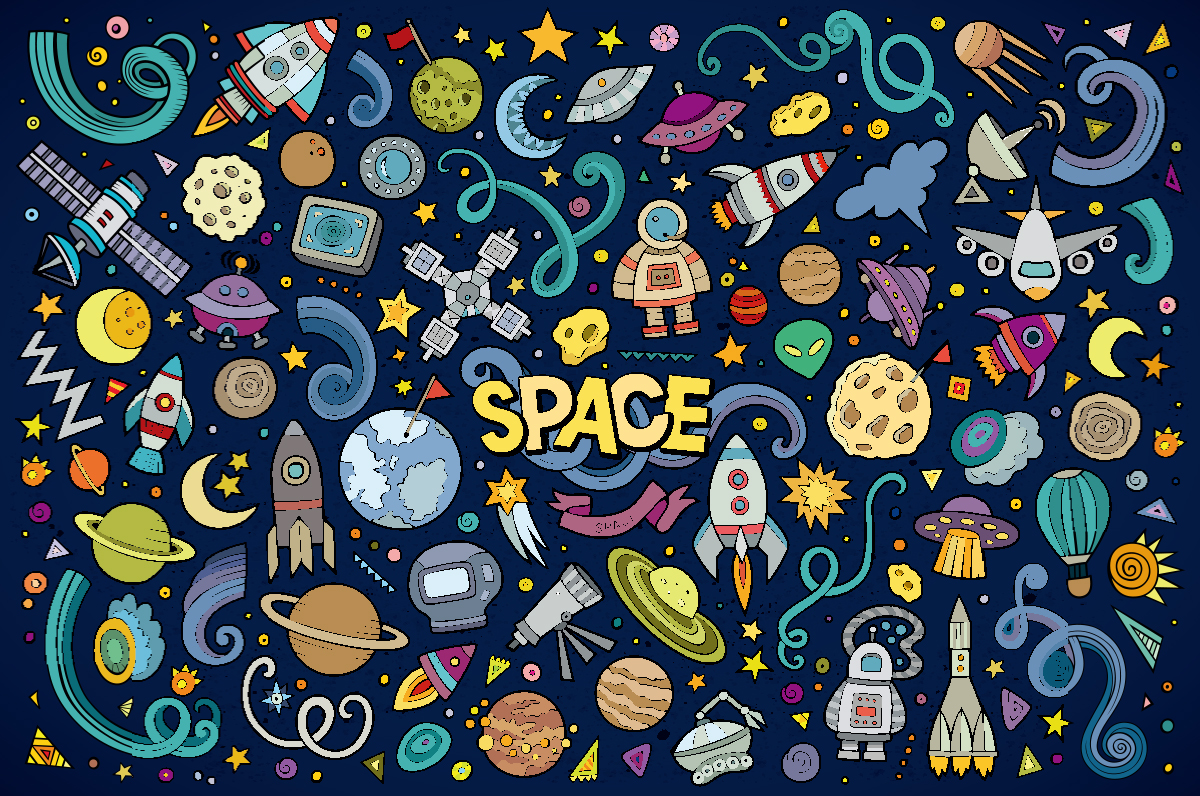 卡通动画人物太空火箭星球空间宇宙地球元素EPS矢量设计素材_