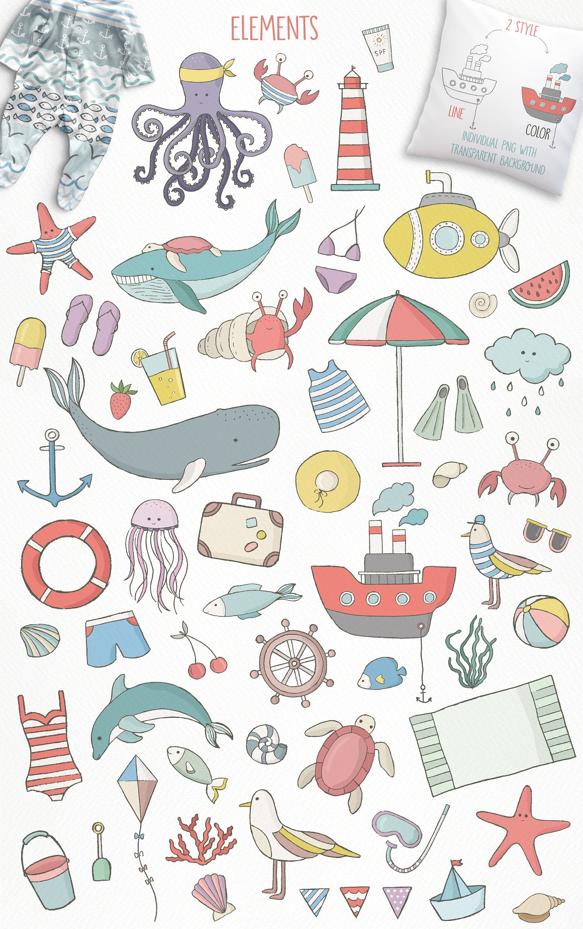 手绘可爱海洋插画设计素材Cute Sea Collectio