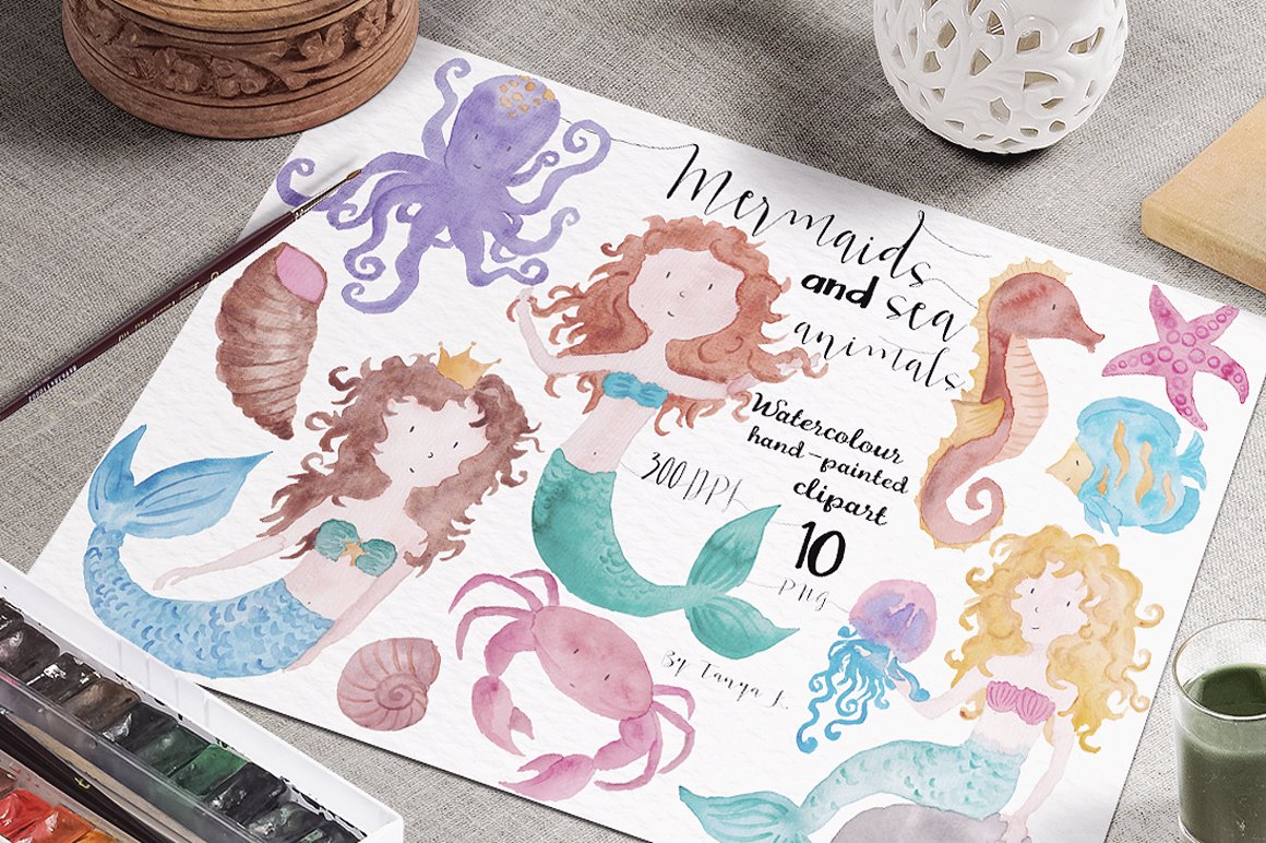 Mermaids Watercolor Hand-paint