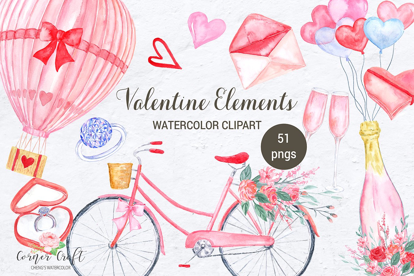 Watercolor Valentine Elements