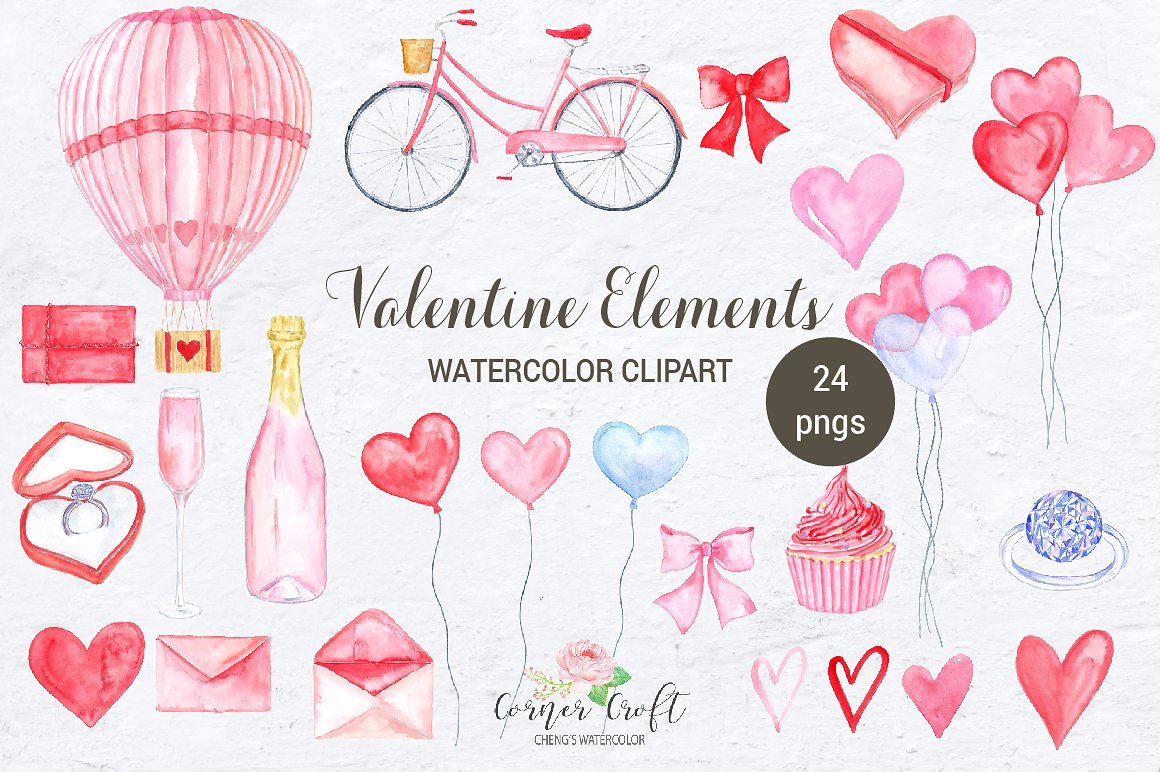 Watercolor Valentine Elements