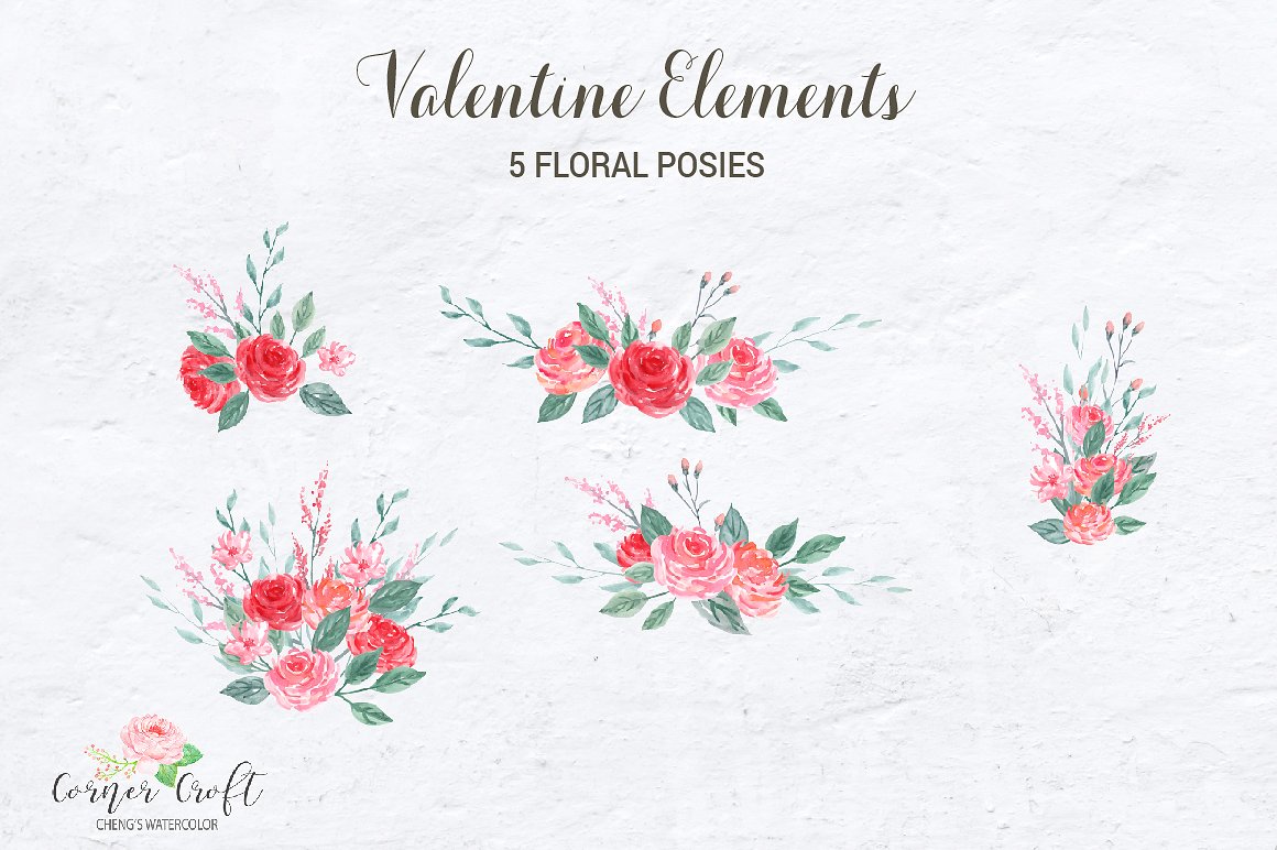 Watercolor Valentine Elements