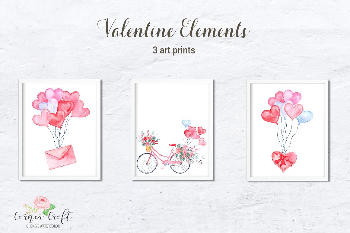 Watercolor Valentine Elements