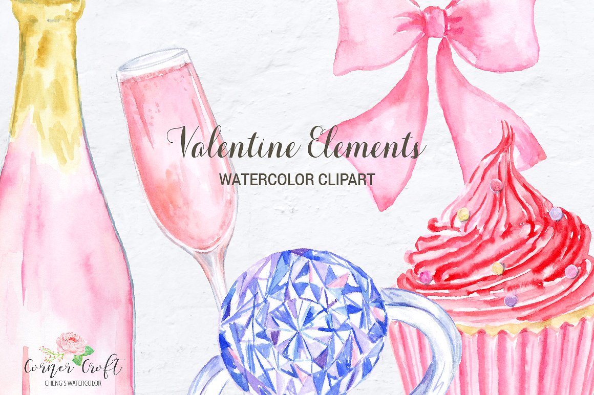 Watercolor Valentine Elements