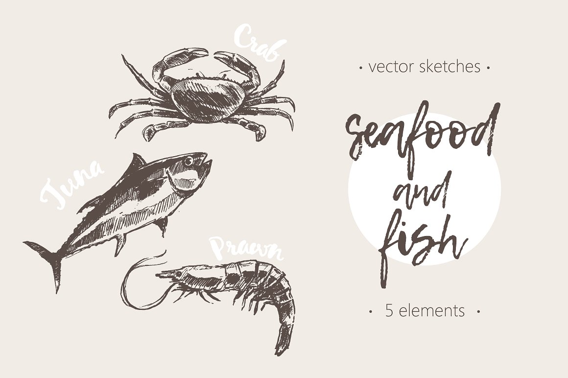 Set of hand drawn seafood and