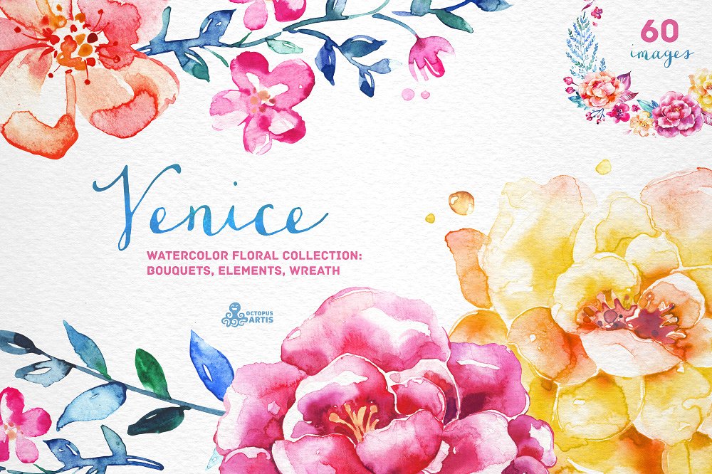 Venice. Watercolor floral coll