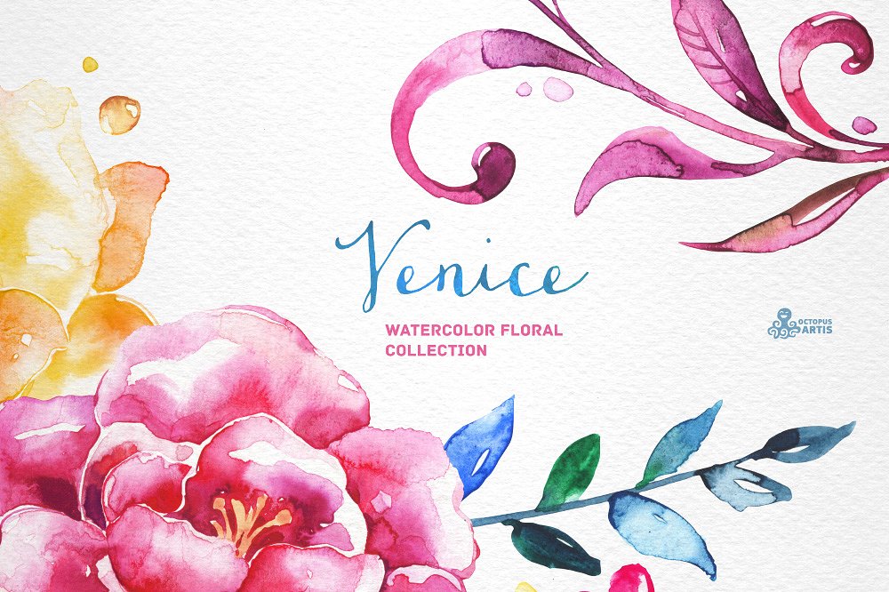 Venice. Watercolor floral coll