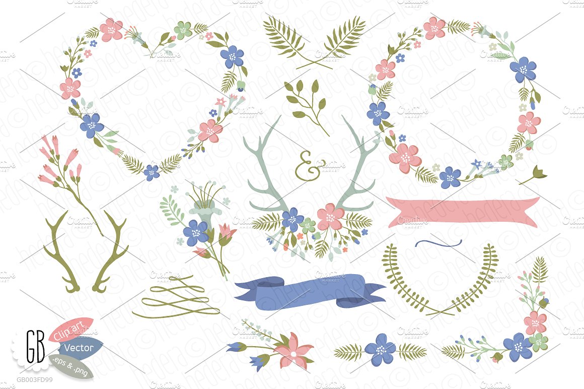 Folk flower wreaths heart blue