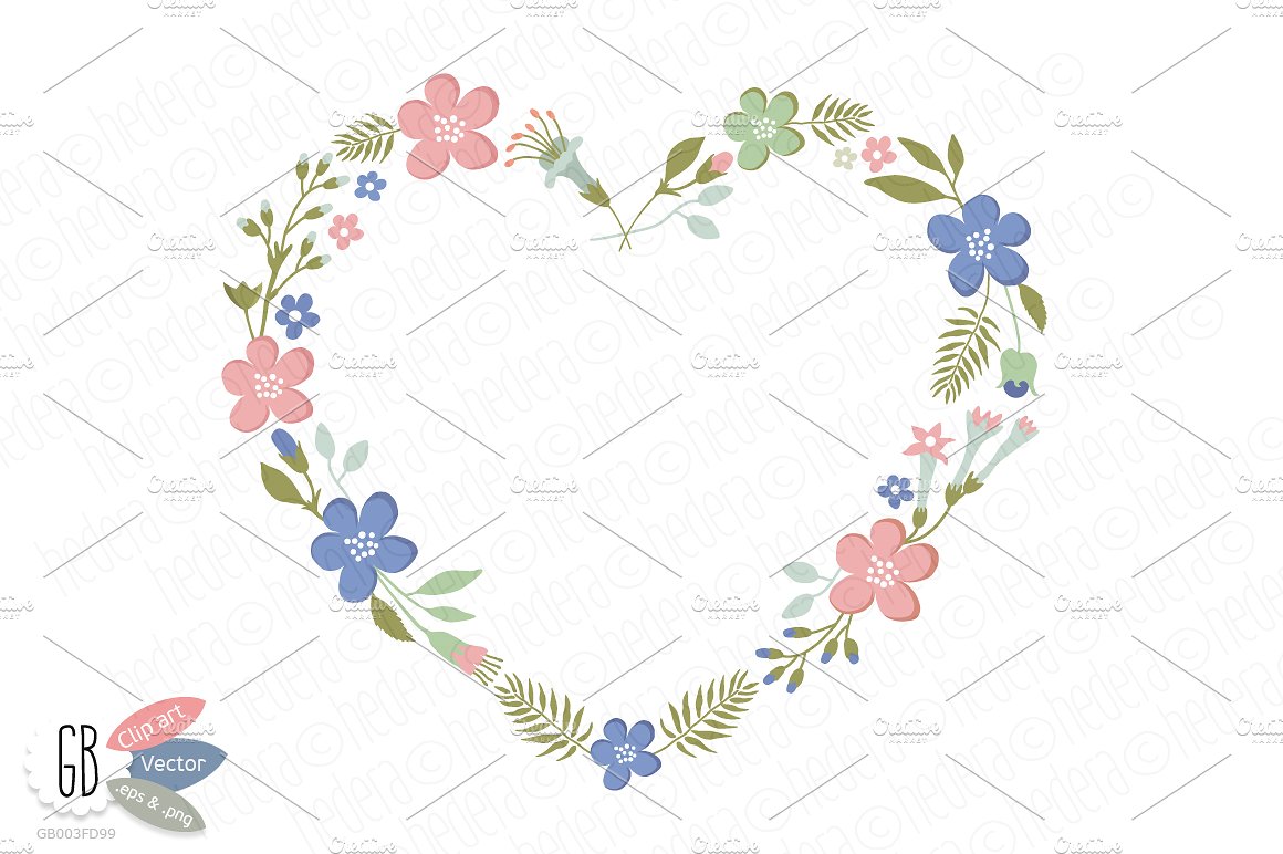 Folk flower wreaths heart blue