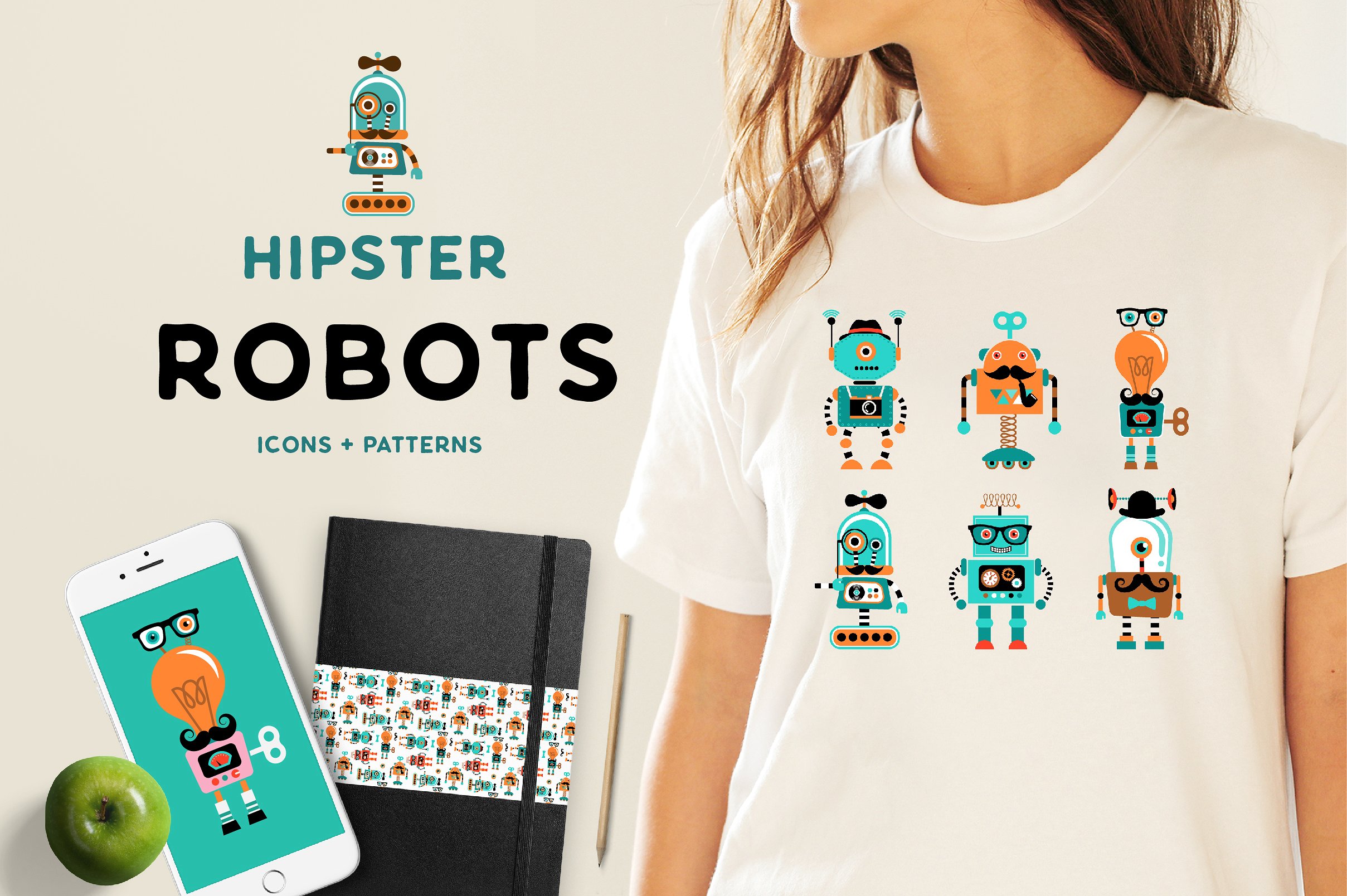 Hipster robots patterns set
