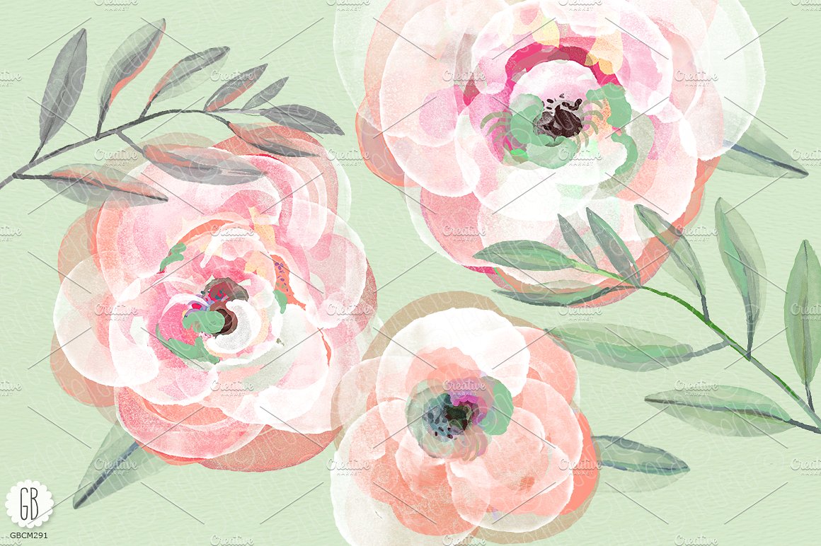 Watercolor coral mint roses