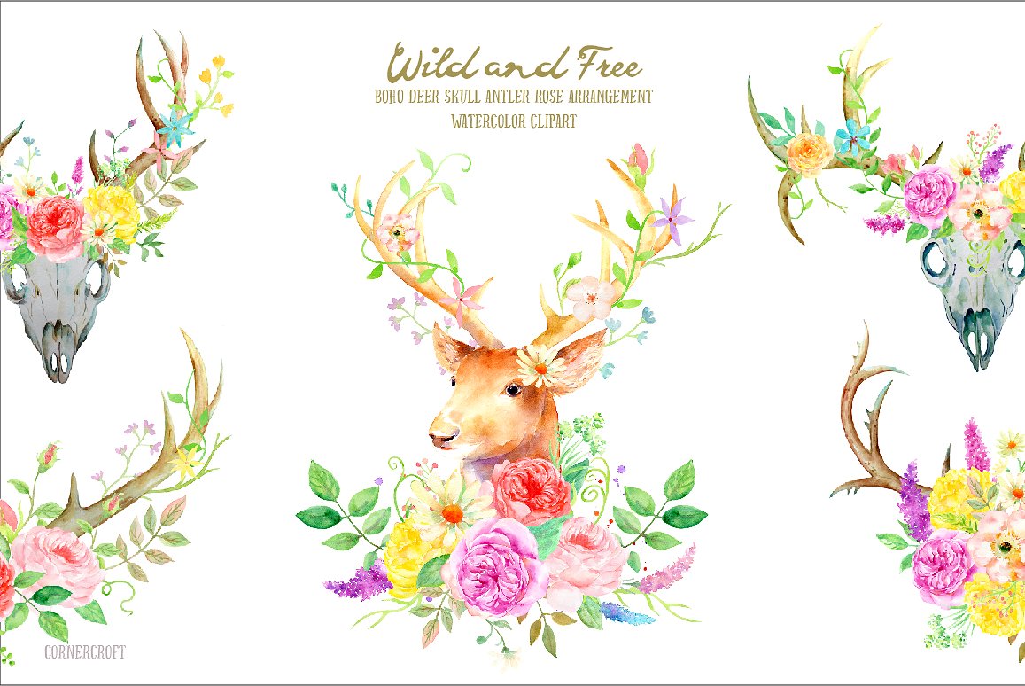 Watercolor Deer and Rose