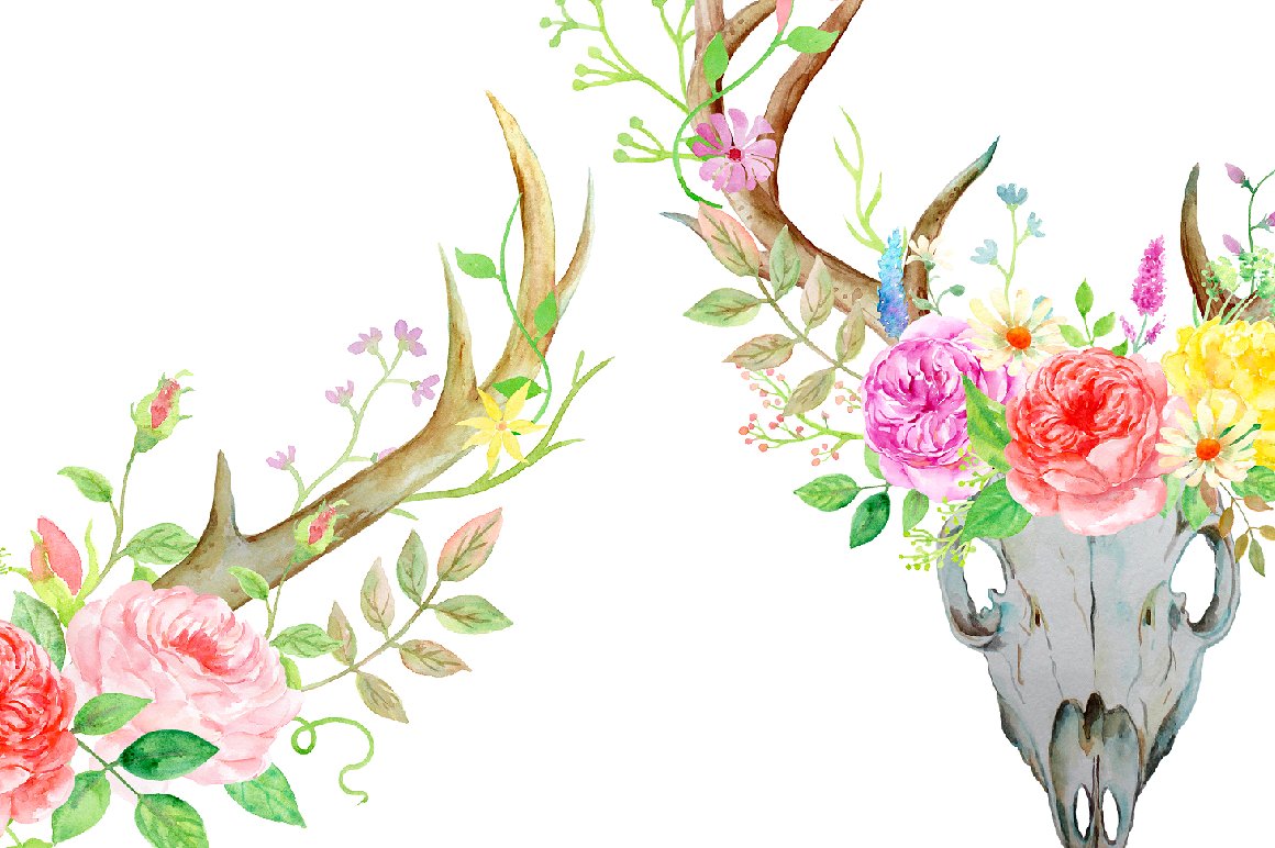 Watercolor Deer and Rose