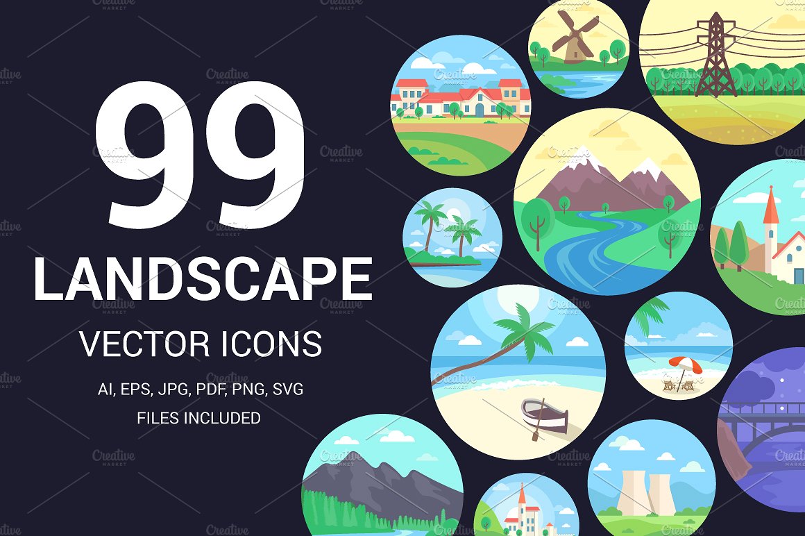 99个景观图标或插图 99 Landscape Icons