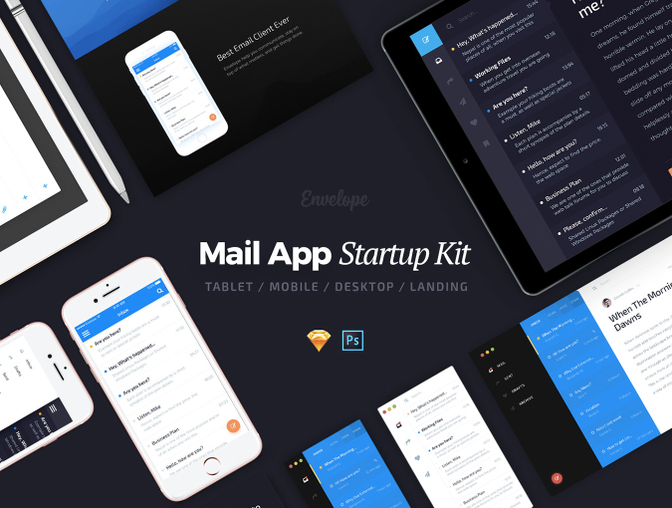 蓝色简洁时尚邮件系统web移动应用程序UI工具包Envelo