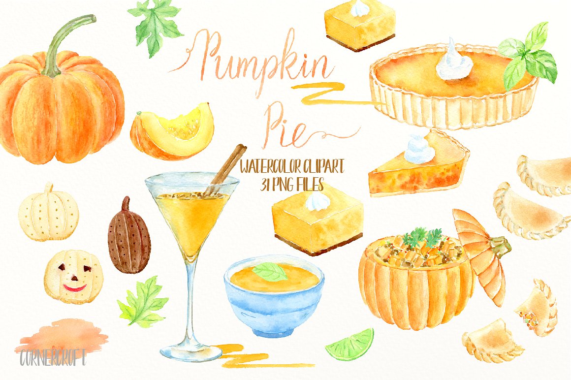 Watercolor Pumpkin Pie Clipart