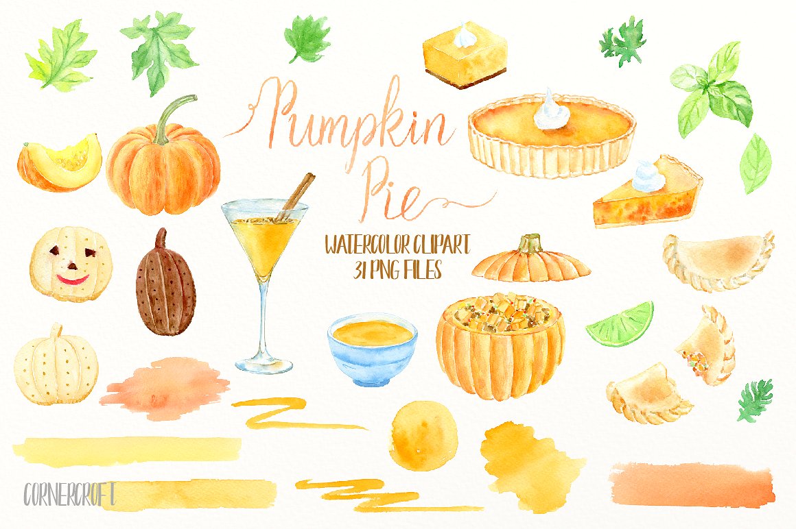 Watercolor Pumpkin Pie Clipart