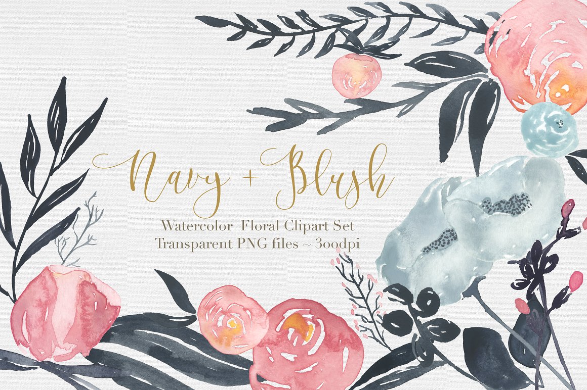 Navy Blush Watercolor Clipar