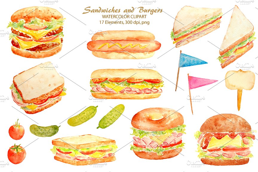 Watercolor Sandwich Burger Hot