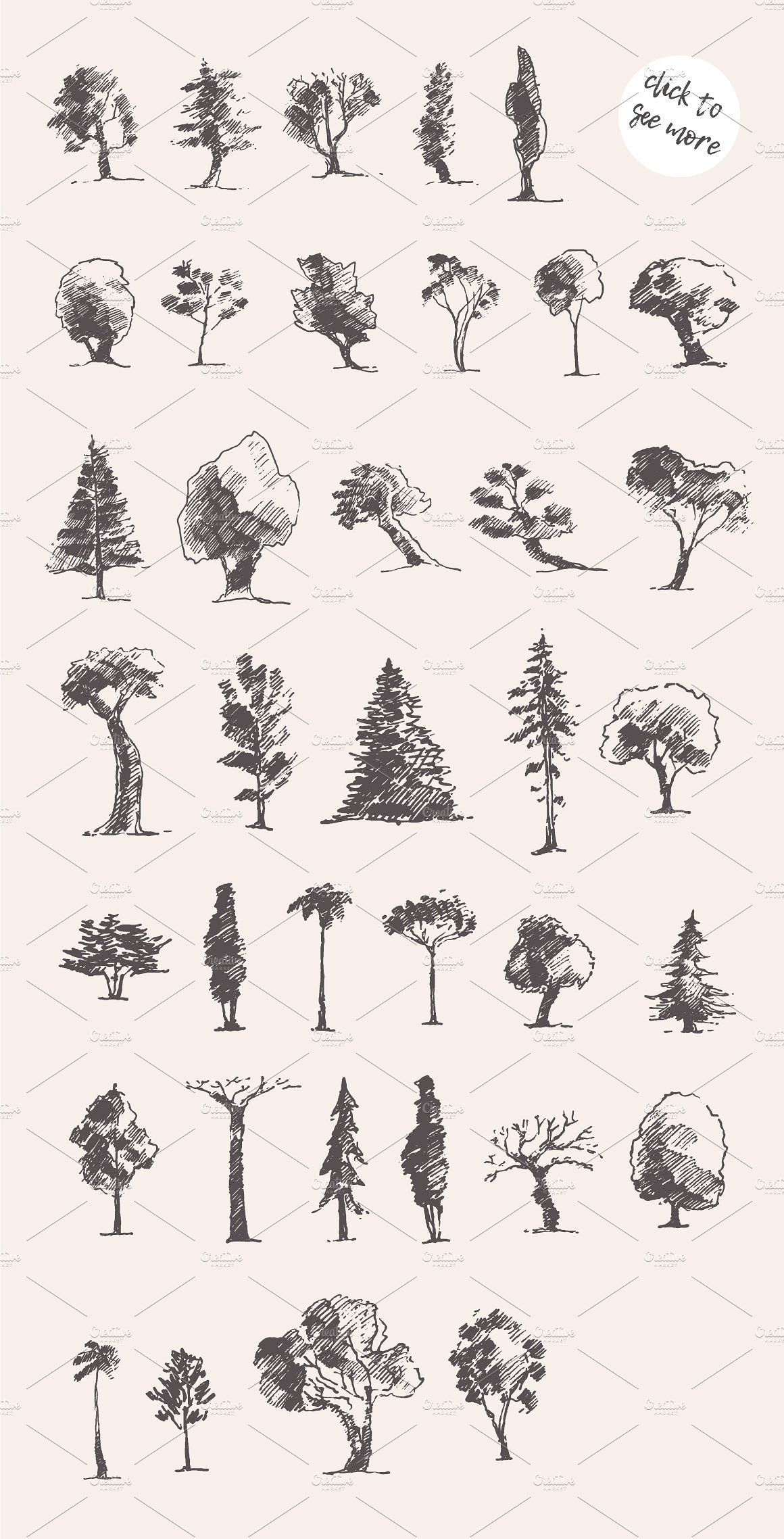 Collection of hand drawn trees