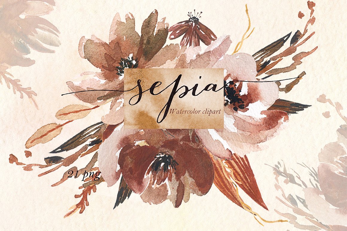 Sepia flowers. Watercolor clip