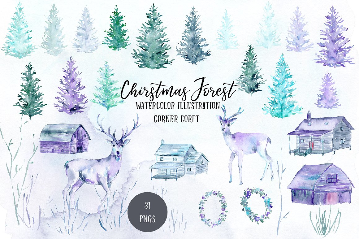 Watercolor Christmas Forest