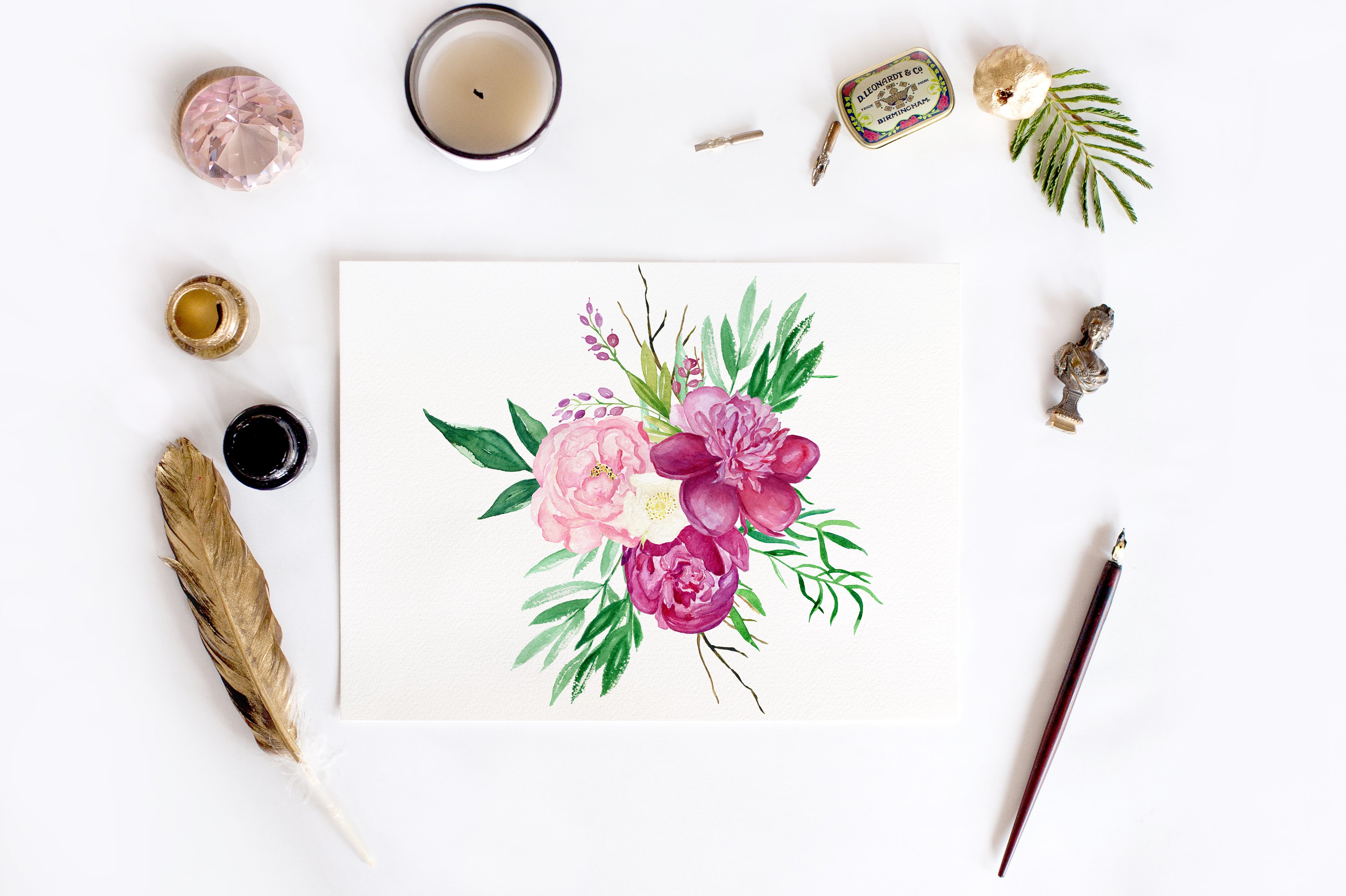 Peony flora watercolor flowers