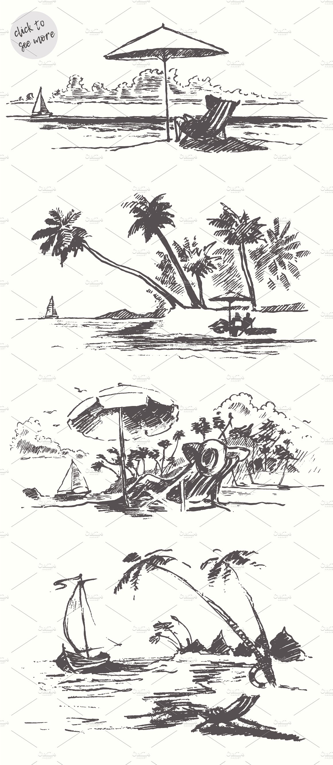 Set of sketches of seaside vie